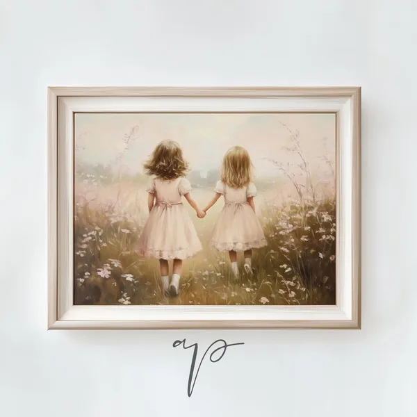 Cute Girls in Wildflower Field, Farmhouse Art Print