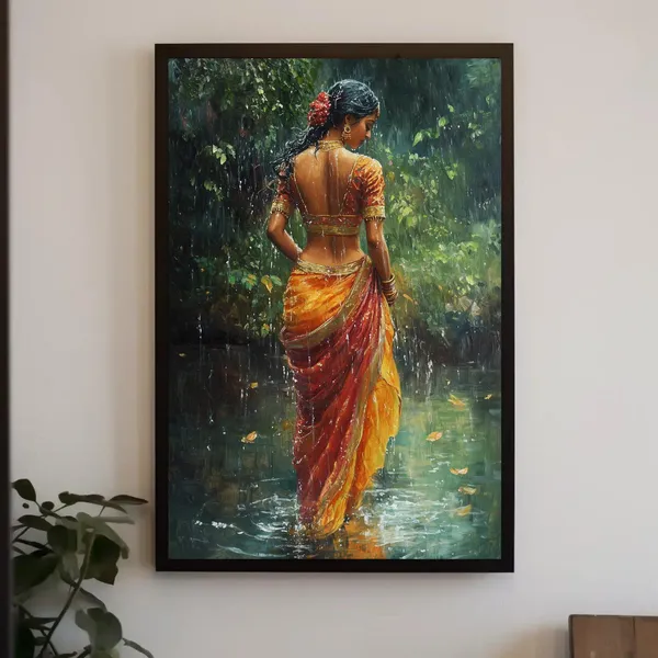 Indian Girl in Rain, Traditional Oil Painting Print