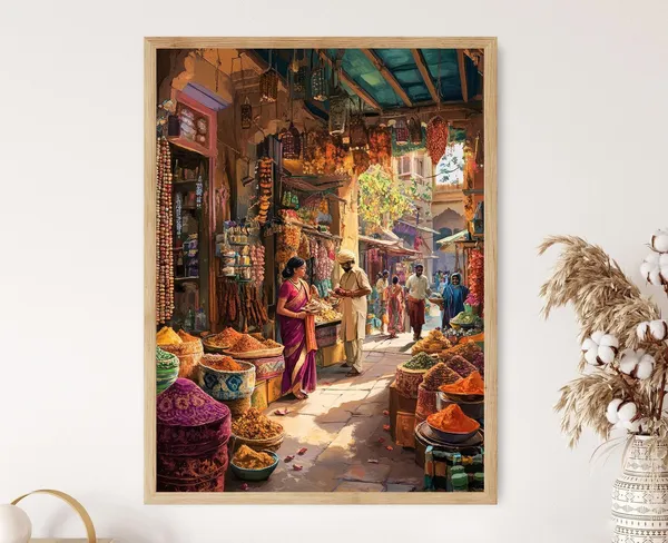 Indian Spice Market Art Print, Sari Stalls and Henna
