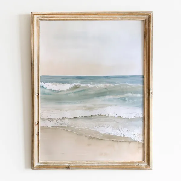 Vintage Neutral Beach Painting, Rustic Coastal Landscape