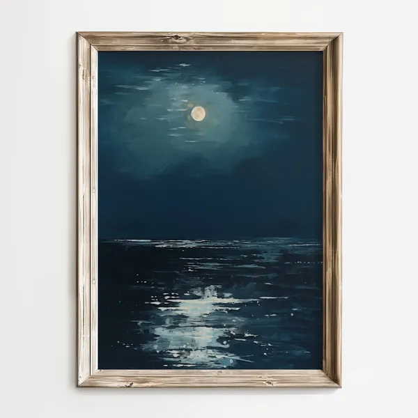 Moody Ocean Landscape Art Print, Vintage Moonlight Night