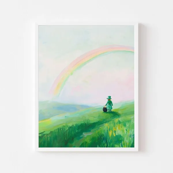 Rainbow and Leprechaun, Pastel St. Patrick's Day Art Print