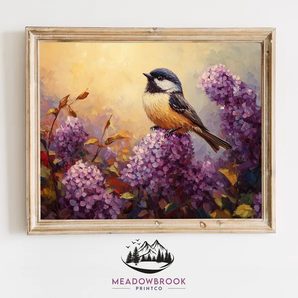 Chickadee Painting, Rustic Cottagecore Bird Art Print