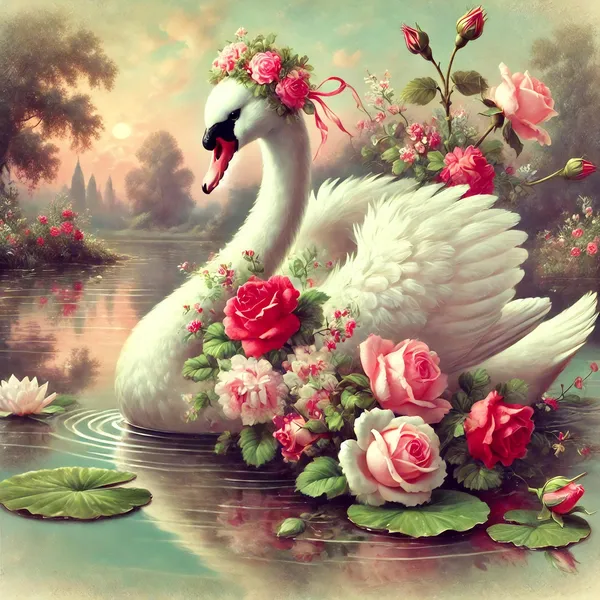Vintage Swan With Roses, Victorian Romance Art Print