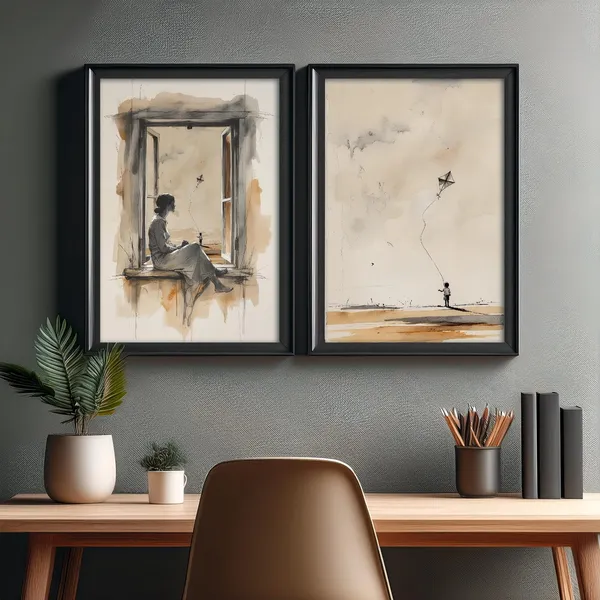 Lady And Kite Kid Antique-Style Watercolor Sketch Print Set
