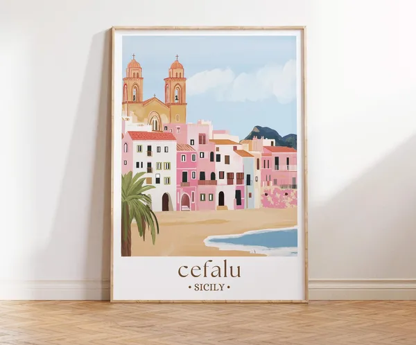 Cefalu Sicily Beach Travel Poster, Mediterranean
