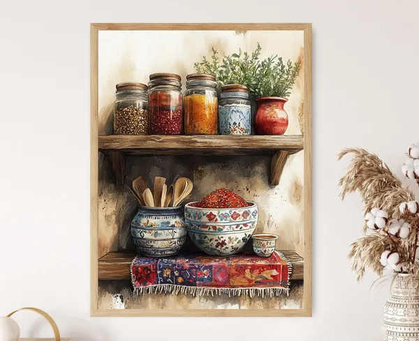 Rustic Iranian Spice Jars Art Print, Kitchen Decor
