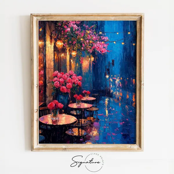 Rainy Night Cafe Patio Scene Art Print, Rustic Charm