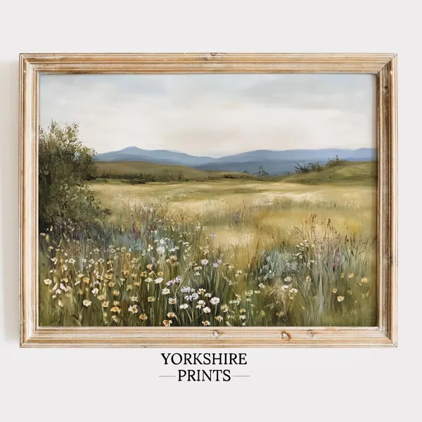 Spring Wildflower Field Landscape, Vintage Farmhouse Art Print