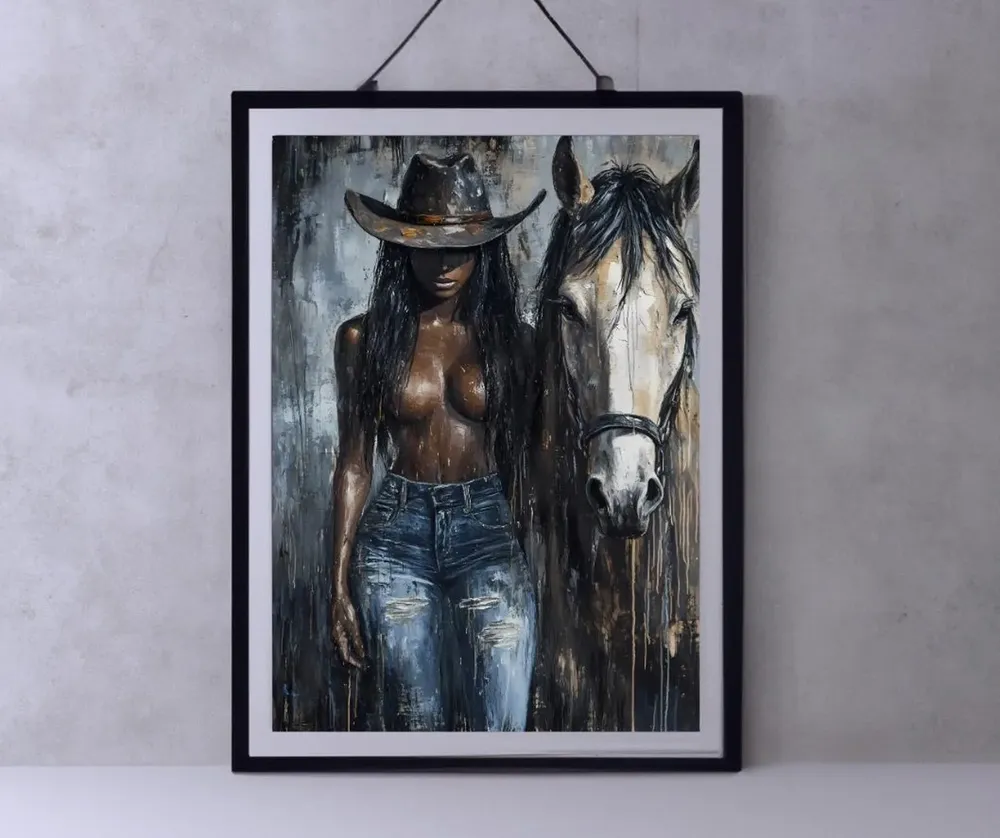 Black Cowgirl Portrait Art Print, Modern Western Decor