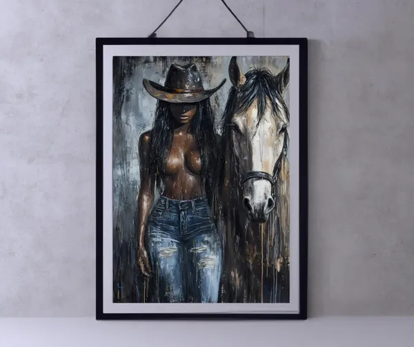 Black Cowgirl Portrait Art Print, Modern Western Decor