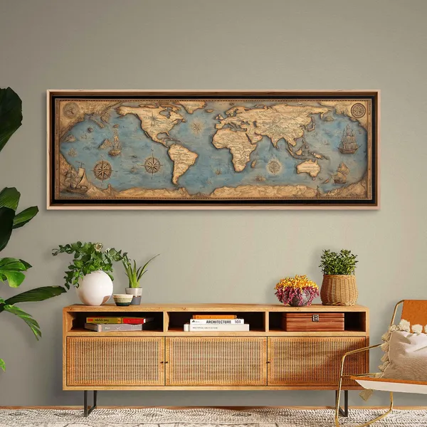 Vintage World Map, Antique Cartography Travel Poster