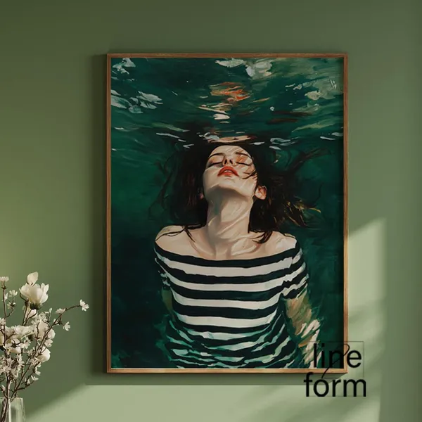 Woman Swimming, Emerald Green Abstract Art Print