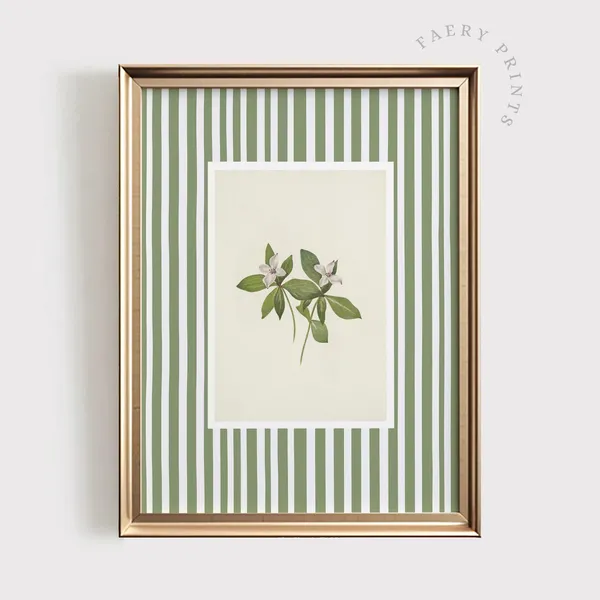 Green Floral Print Pastel Stripe Botanical Art Print
