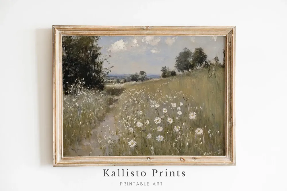 Daisy Field Pathway Art Print, Rustic Farmhouse