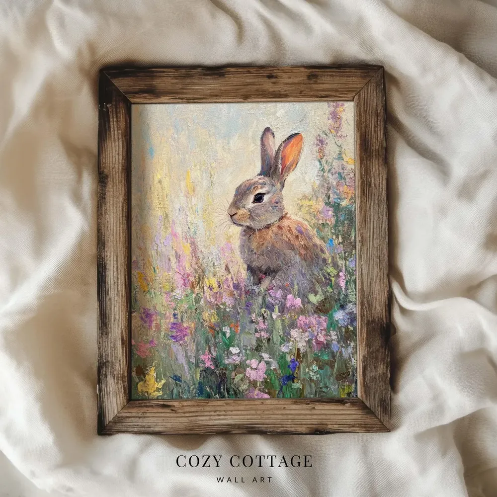 Rabbit On Flower Meadow - Vintage Impressionist