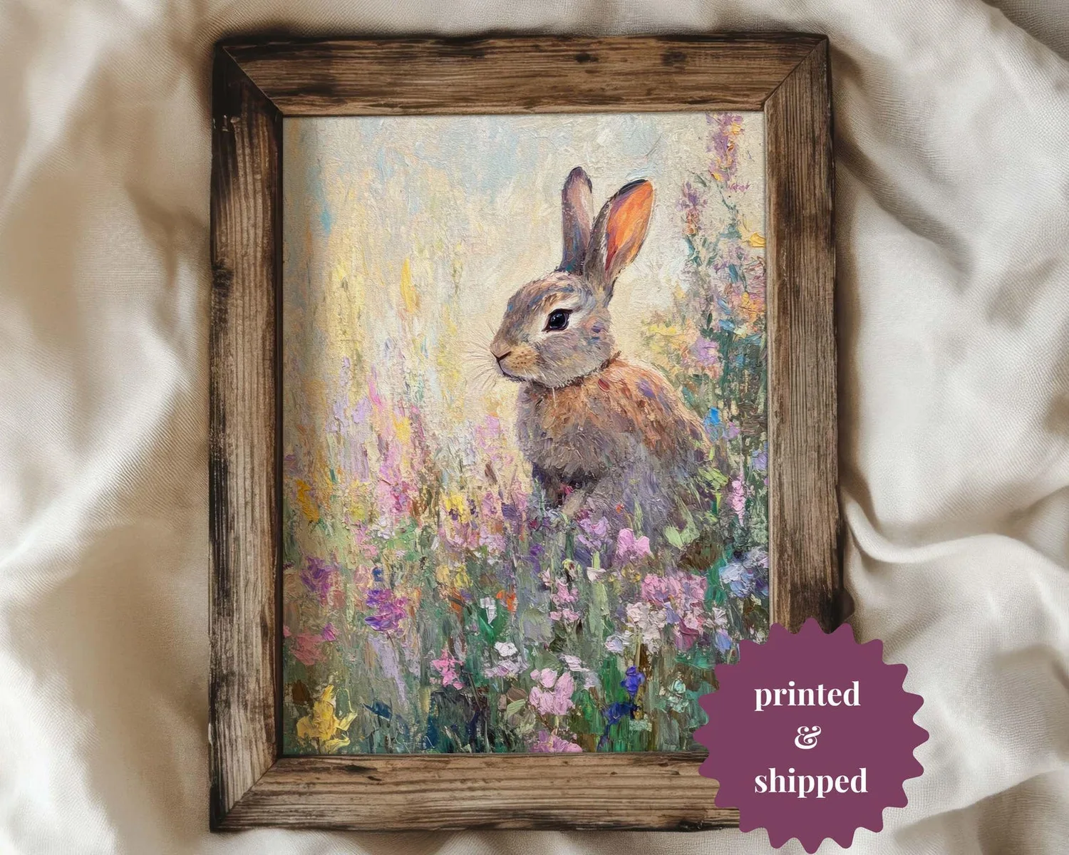 Rabbit On Flower Meadow Vintage Impressionist Art Print