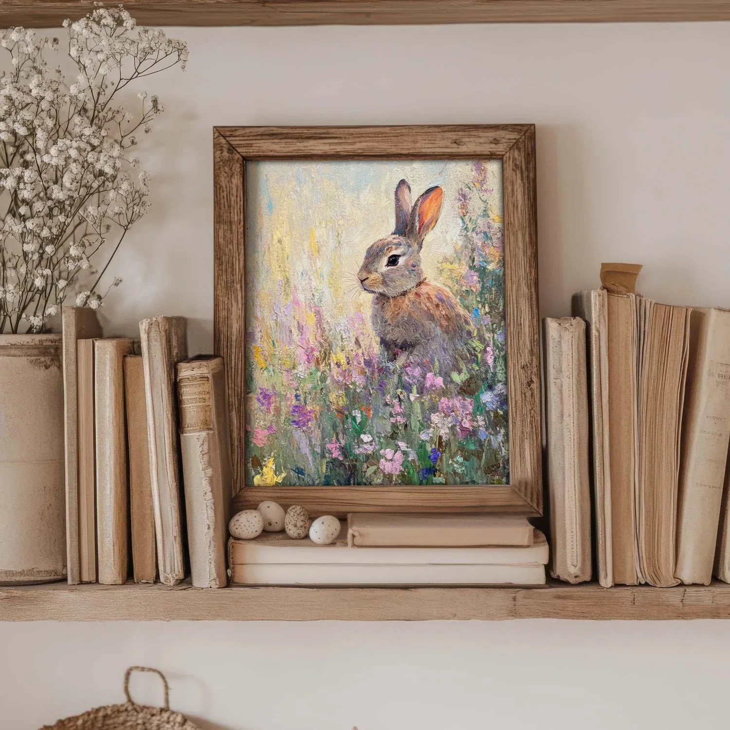 Rabbit On Flower Meadow Vintage Impressionist Art Print - Image 2