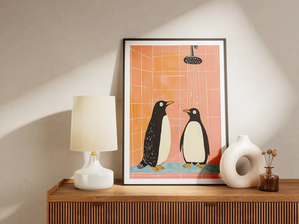 Cute Penguin Shower Gouache Art Print, Bathroom Decor - Image 4