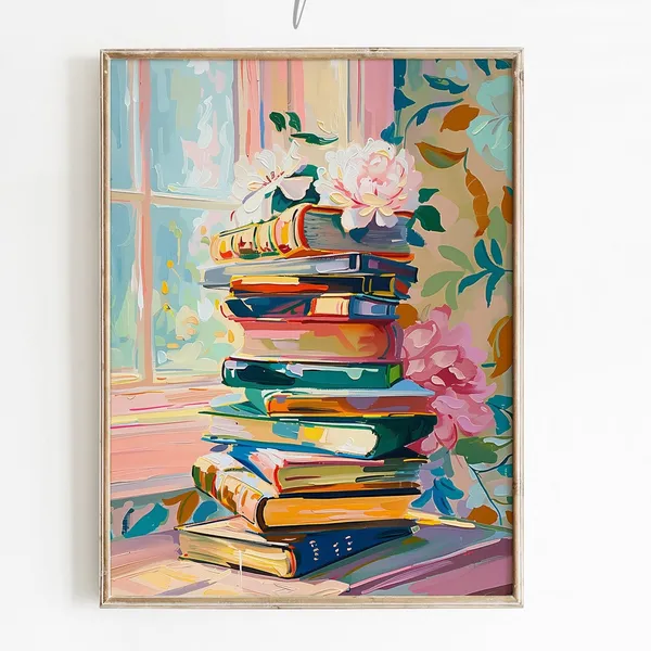Pink Book Lover Floral Stack of Books Art Print