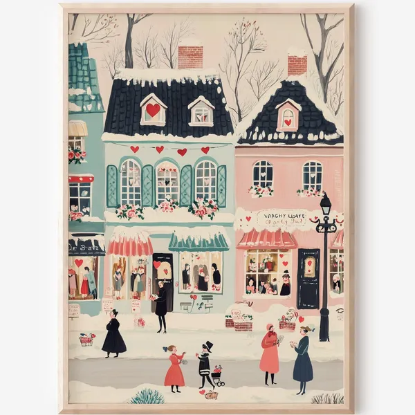 Valentines Day Village Romantic Scene Art Print