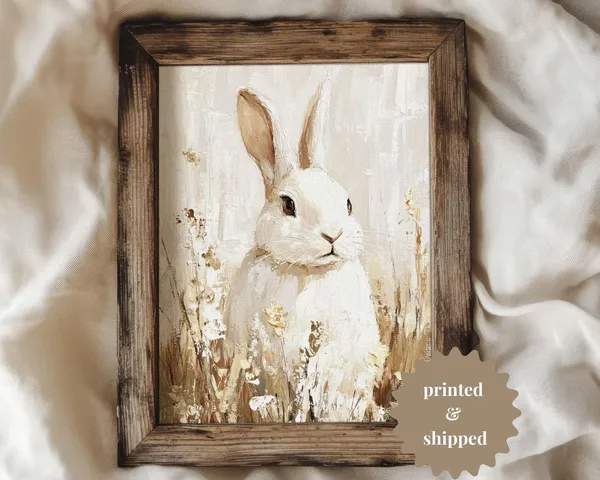 White Rabbit On Flower Meadow, Vintage Cottage Art Print