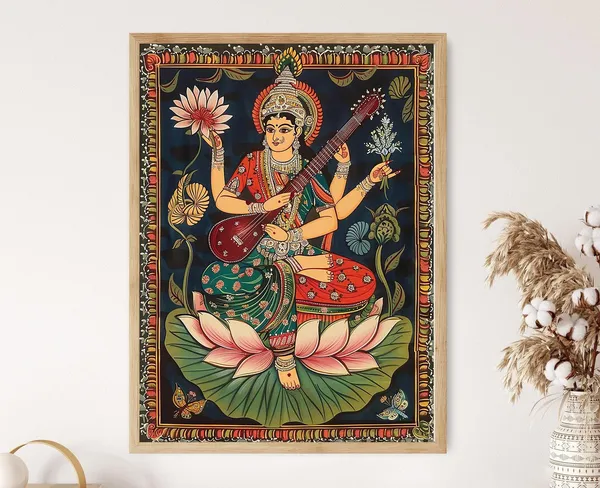 Saraswati Pattachitra Art Print, Indian Folk Art