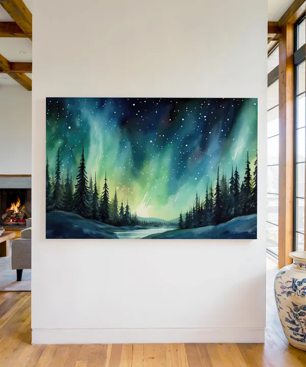 Watercolor Northern Lights, Snowy Forest Art Print