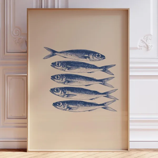 Blue Sardine Print, Retro Seafood Kitchen Art