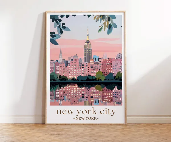 New York City Travel Poster, Retro Manhattan Skyline