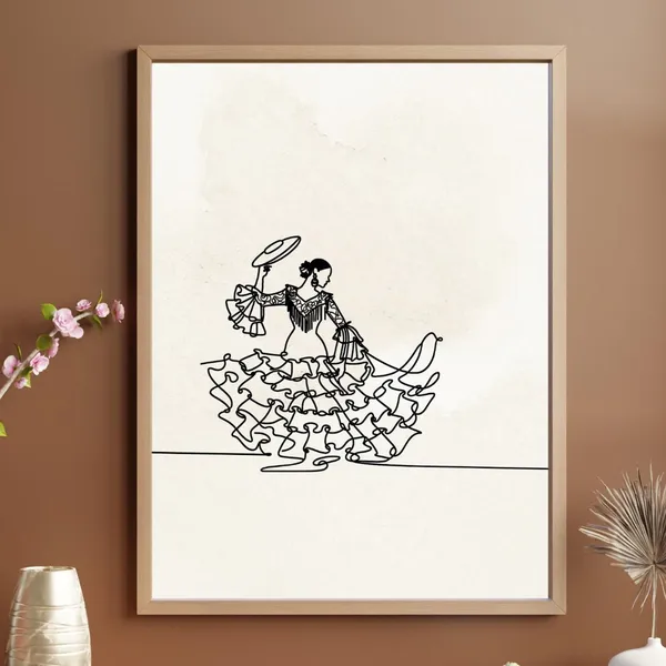 Spanish Flamenco Dress Line Drawing Poster, Black And White
