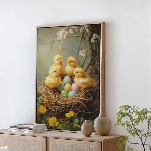 Baby Chicks With Easter Eggs Nest Art Print