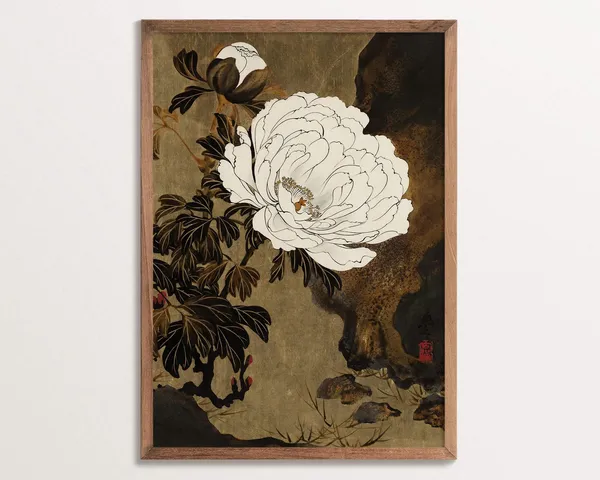Vintage Chinoiserie Peony Art Print, Botanical Decor