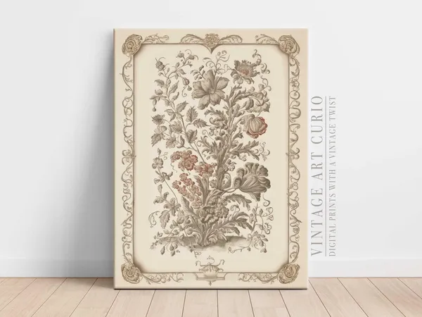 Vintage Floral Tapestry Art Print, Neutral Botanical Decor