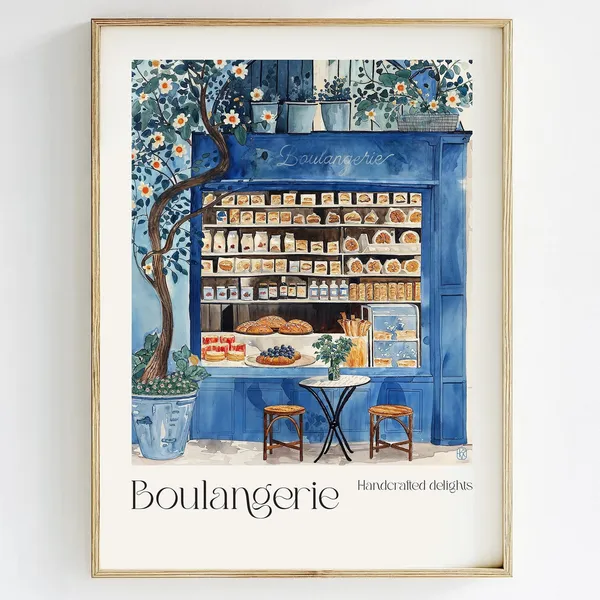 French Boulangerie Watercolor Art Print, Cozy Kitchen Decor