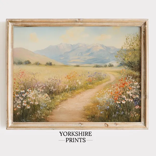 Wildflower Field Oil Painting, Rustic Landscape Art Print