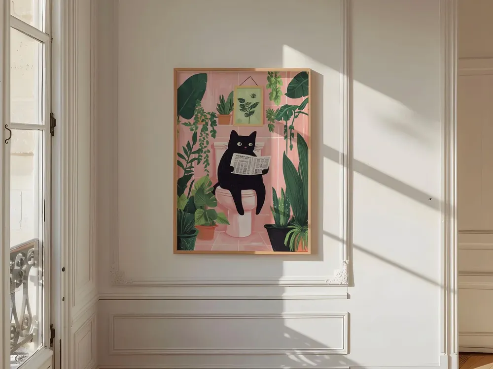 Black Cat Reading Newspaper Funny Pink Bathroom Morning Art Poster - Image 9