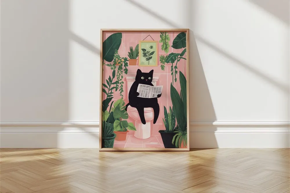 Black Cat Reading Newspaper Funny Pink Bathroom Morning Art Poster - Image 2