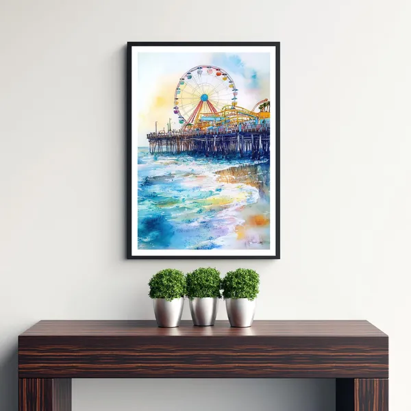 Santa Monica Pier Watercolor Travel Poster, Beach View