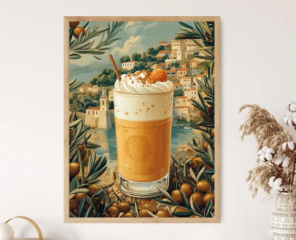 Greek Frappe with Olive Branches, Sea View Art Print