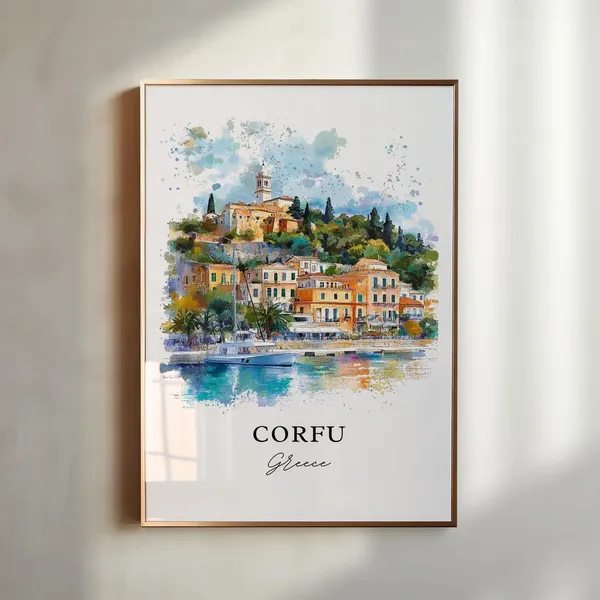 Corfu Island Watercolor Travel Poster, Greece