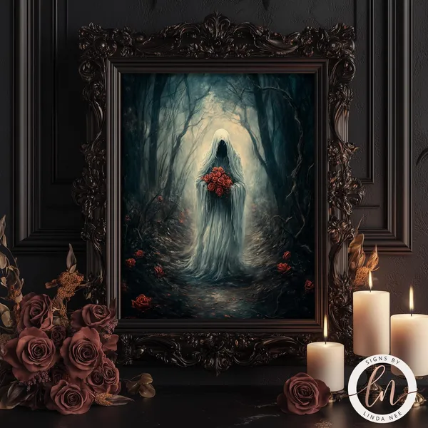 Dark Academia Ghost Holding Roses, Vintage Poster