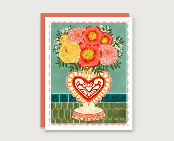 Heart Vase Bouquet Art Print, Floral Home Decor