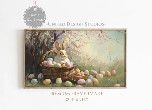 Easter Bunny In Basket With Eggs, Farmhouse Art Print
