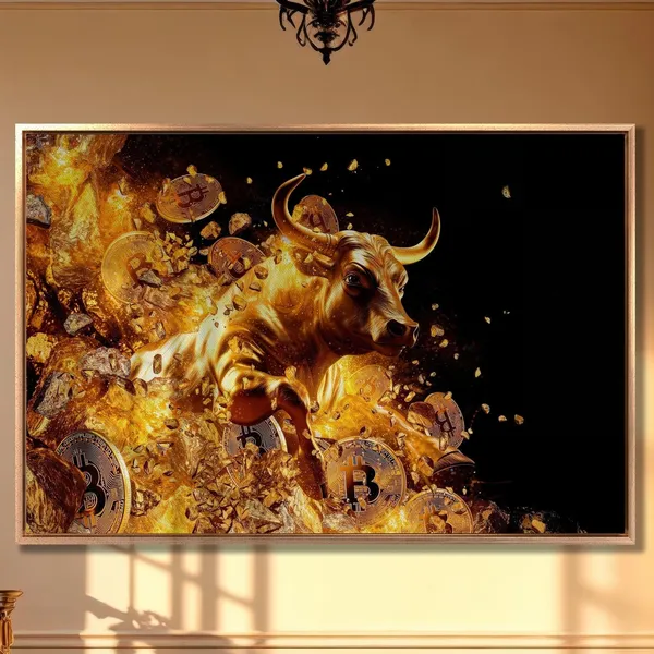 Gold Bull and Bitcoin Art Print, Crypto Wall Decor