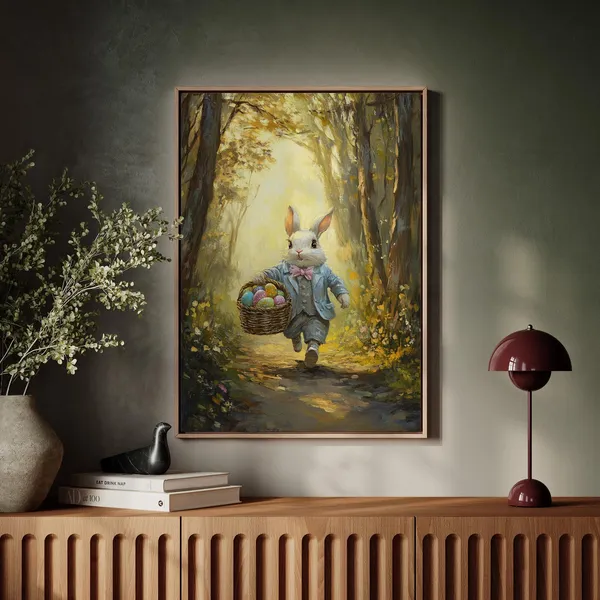 Easter Bunny With Egg Basket, Rustic Spring Art Print