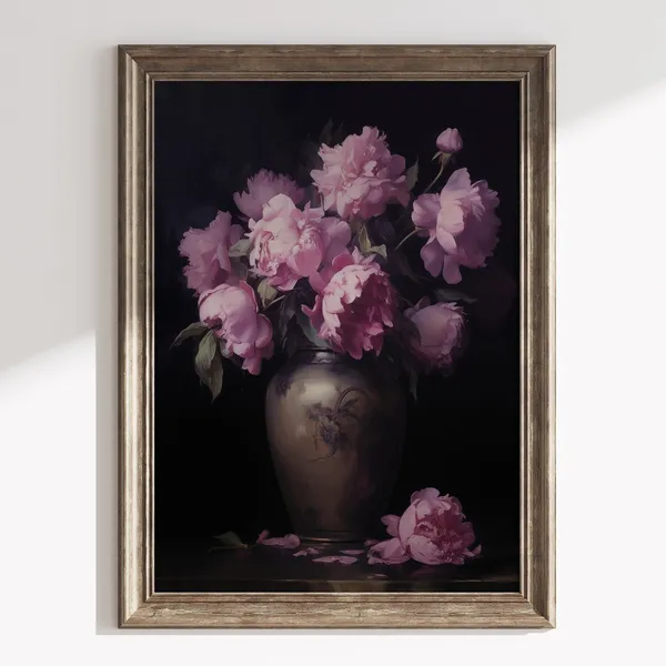 Moody Pink Peony Flower Art Print, Dark Academia