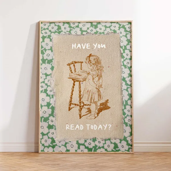 Vintage Book Art, Cute Reading Poster