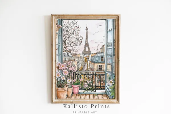 Paris Balcony View Art Print, Eiffel Tower Watercolor