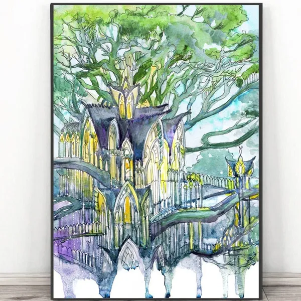 Elven City Watercolor Art Print, Fantasy Forest